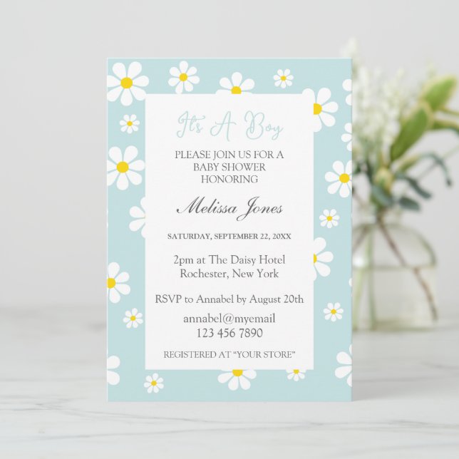 Invitación Daisies It’s A Boy Baby Shower  (Anverso de pie)
