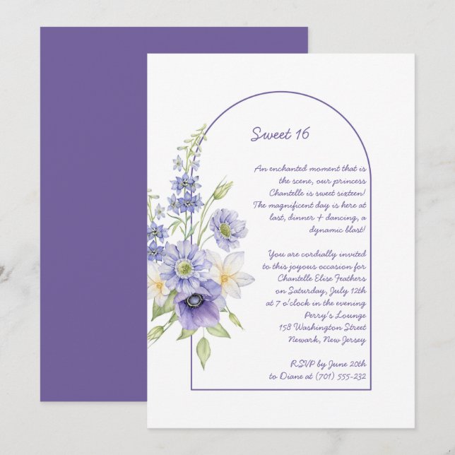 Invitación Daisies morados, anémonas, arca floral dulce 16 (Anverso / Reverso)