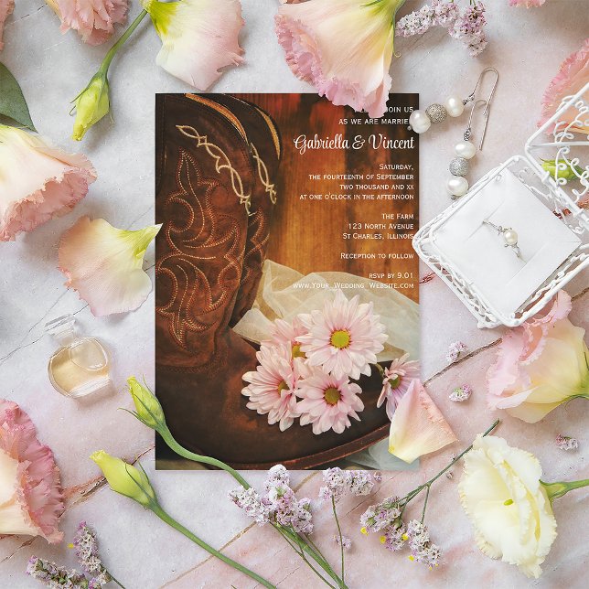 Invitación Daisies rosados Cowboy Boots País Boda occidental (Subido por el creador)