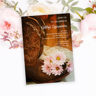 Invitación Daisies rosados Cowboy Boots Quinceanera Barn Fies