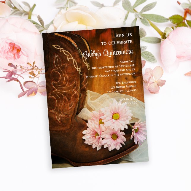 Invitación Daisies rosados Cowboy Boots Quinceanera Barn Fies (Subido por el creador)