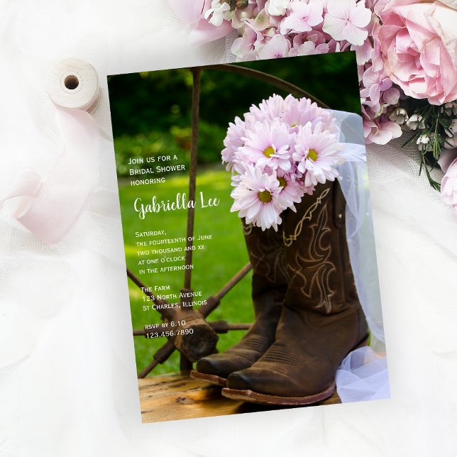 Invitación Daisies rosados rusos Cowboy Boots Ducha de novias (Subido por el creador)
