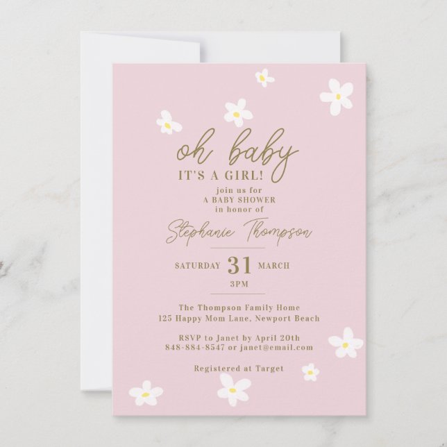 Invitación Daisies Rubor Pink Oh Baby Girl Shower (Anverso)