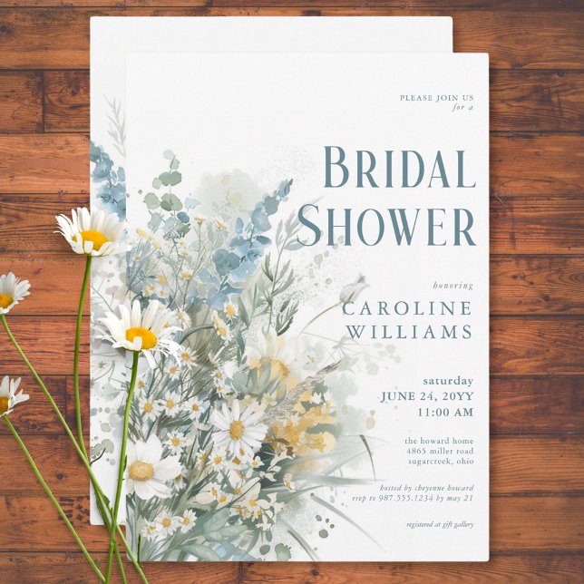 Invitación Daisies ruidosos y una ducha de novia con flores a (Rustic Daisies & Dusty Blue Floral Bridal Shower Invitation)