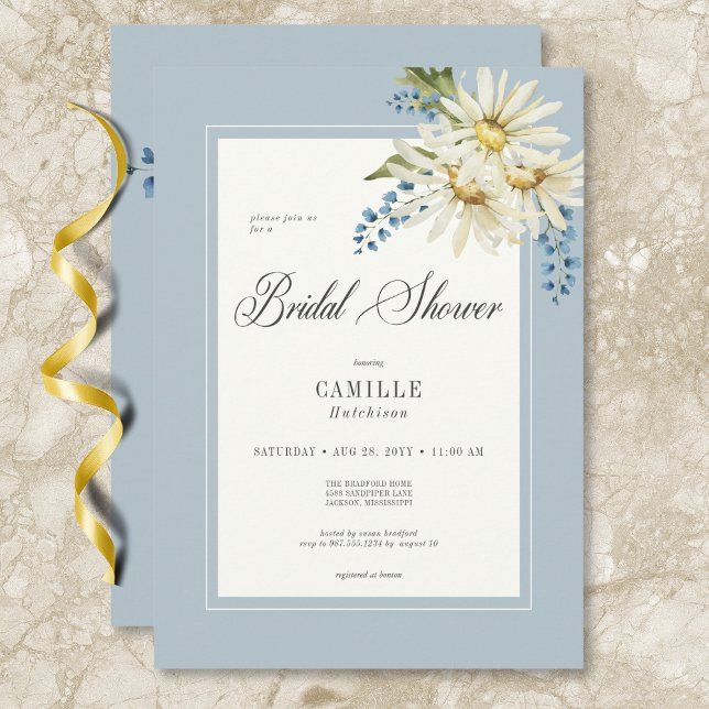 Invitación Daisies Rústicos Azules y Blancos Ducha Bridal (Rustic Blue & White Daisies Bridal Shower Invitation)