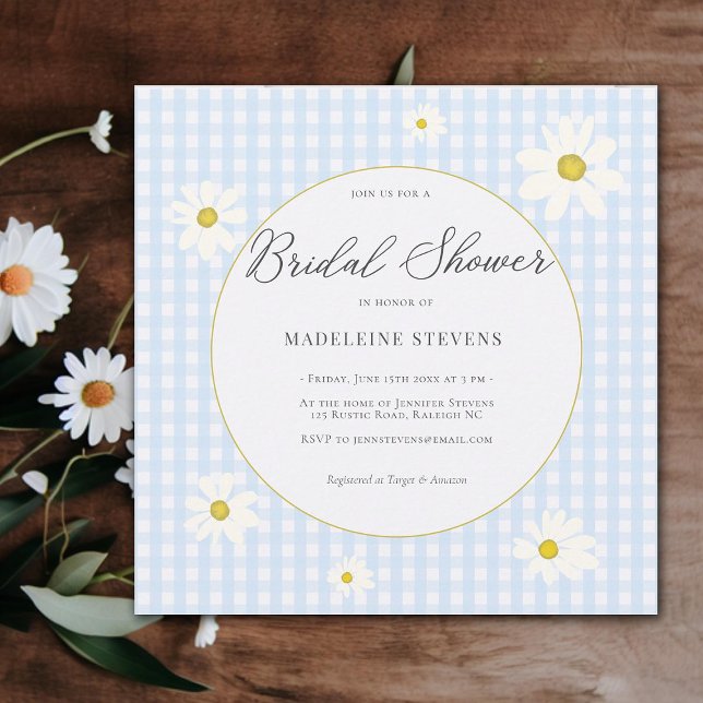 Invitación Daisies Rústicos Bebé Blue Gingham Bridal Shower (rustic daisies blue gingham bridal shower invitation backyard boho elegant garden modern simple)