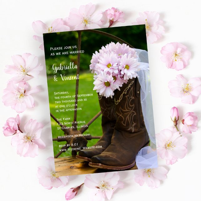 Invitación Daisies Rusticos Rosa Boots Boda Occidental (Subido por el creador)