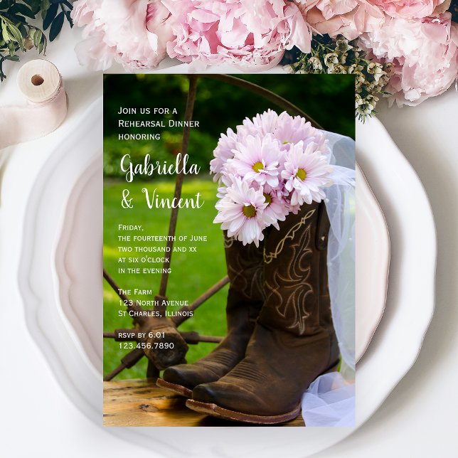 Invitación Daisies Rústicos Rosados Boots Boda Cena (Subido por el creador)