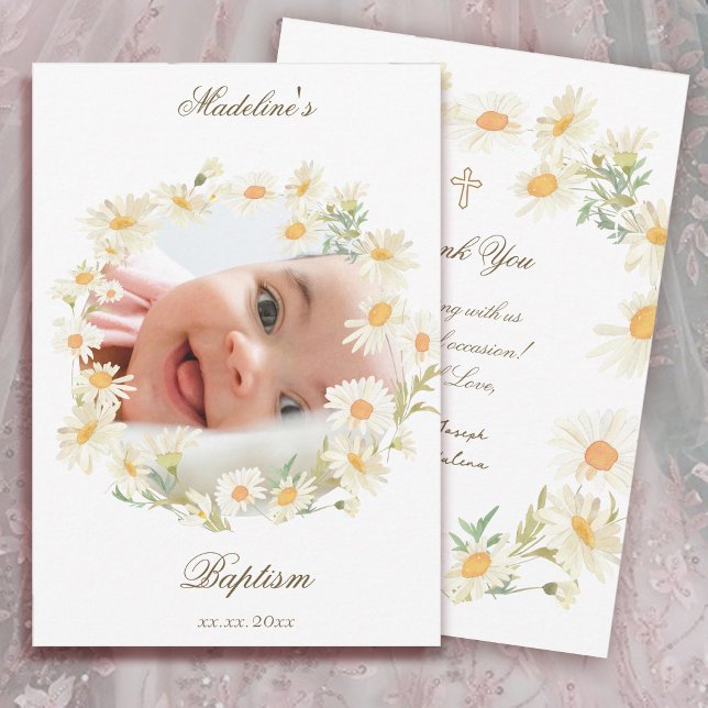 Invitación daisies wreath Baptism small thank you card  (Subido por el creador)
