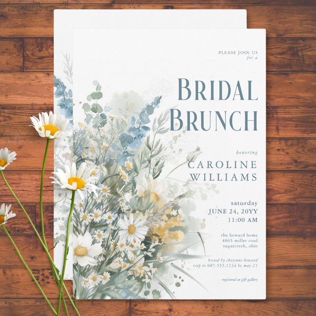 Invitación Daisies y brunch de novia floral azul y agitado (Rustic Daisies & Dusty Blue Floral Bridal Brunch Invitation)