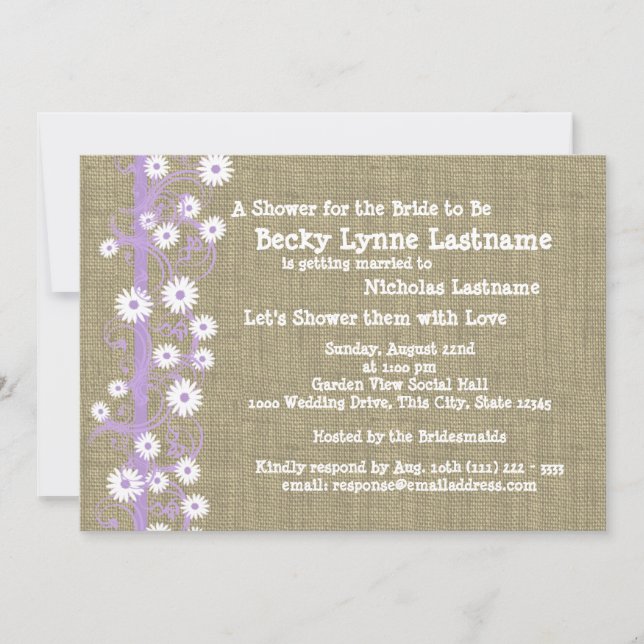 Invitación Daisies y Burlap Purple Bridal Shower (Anverso)