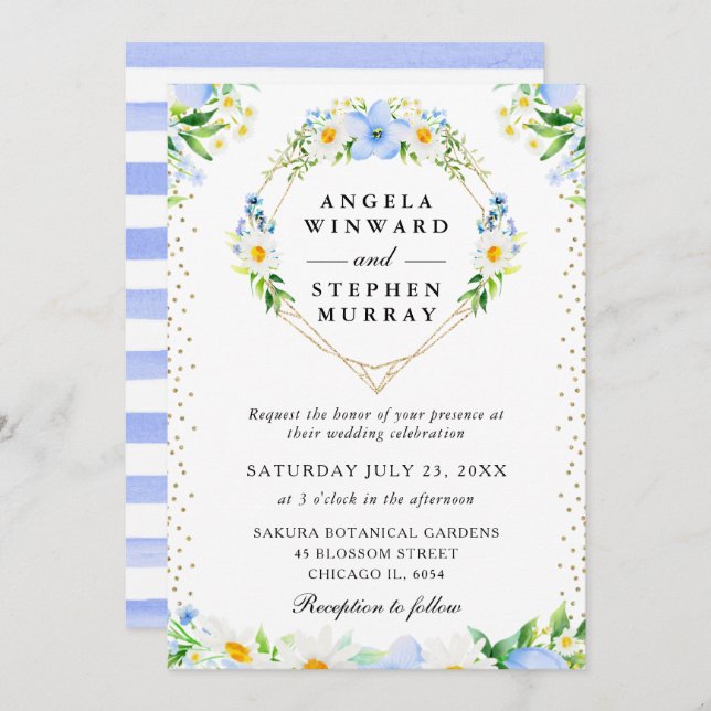 Invitación Daisies y Flores Azules Boda de la corona (Anverso / Reverso)