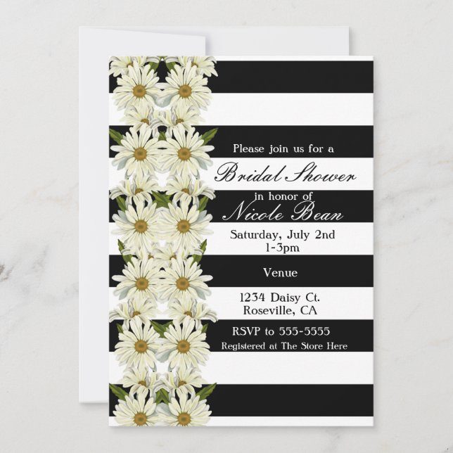 Invitación Daisies y franjas blancas negras Floral moderna (Anverso)