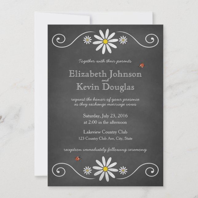 Invitación Daisies y Ladybugs Boda de la pizarra rusa (Anverso)