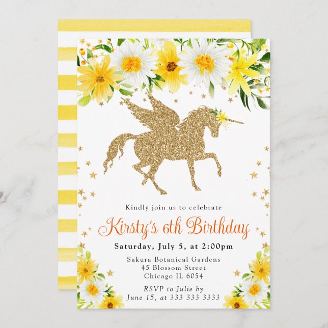 Invitación Daisies Yellow Floral Gold Unicorn Fiesta de cumpl (Anverso / Reverso)