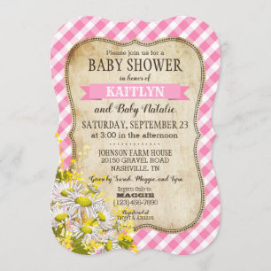 Invitación Daisises del país Pink Gingham Check Baby Shower