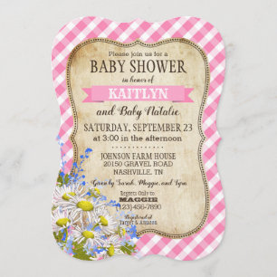 Invitación Daisises del país Pink Gingham Check Baby Shower