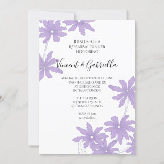 Invitación Daisises morados en la cena de ensayo de Bodas bla