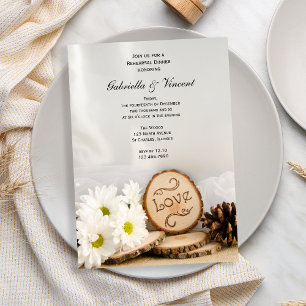 Invitación Daisitas blancas rusticas cena de ensayo en Woodla