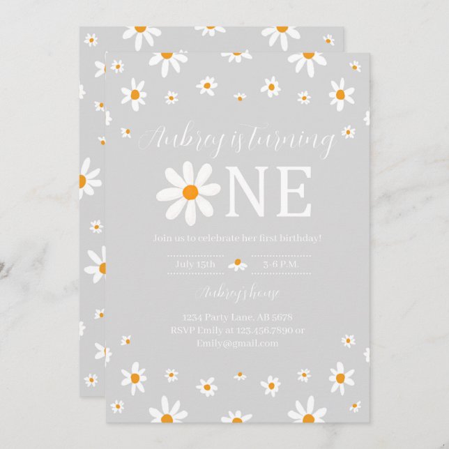 Invitación Daisy 1ᵉʳ Birthday Gray (Anverso / Reverso)