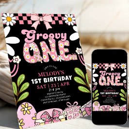 Invitación Daisy 1st Birthday Pink and Black Retro Birthday 