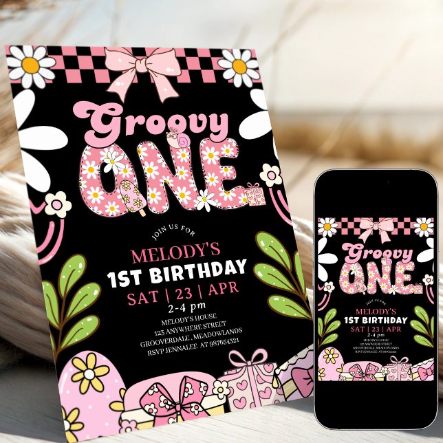Invitación Daisy 1st Birthday Pink and Black Retro Birthday  (Subido por el creador)