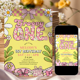 Invitación Daisy 1st Birthday Pink and Yellow Retro Birthday 