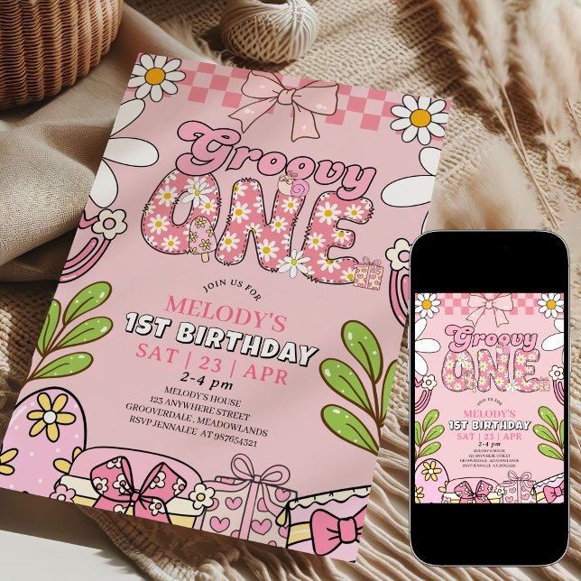 Invitación Daisy 1st Birthday Pink Retro Birthday  (Subido por el creador)
