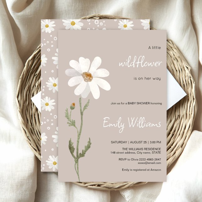 Invitación Daisy acuarela minimalista ducha de bebé (Daisy wildflower watercolor baby in bloom floral shower invitation in beige colors, rustic, boho)