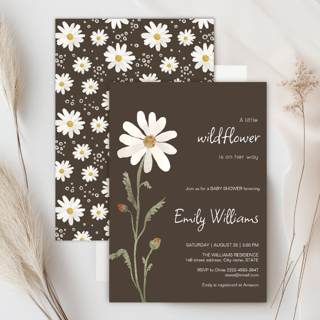 Invitación Daisy acuarela minimalista ducha de bebé (Daisy wildflower watercolor baby in bloom floral shower invitation in brown colors, rustic, boho)