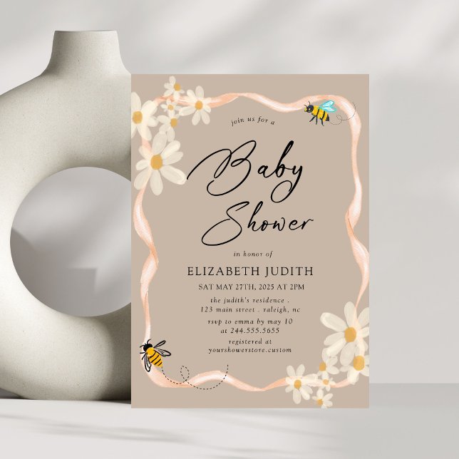 Invitación Daisy and Bees Floral brown Baby Shower (Subido por el creador)