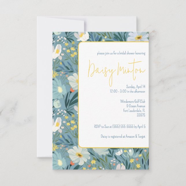 Invitación Daisy azul y amarillo, ducha de novia floral prima (Anverso)