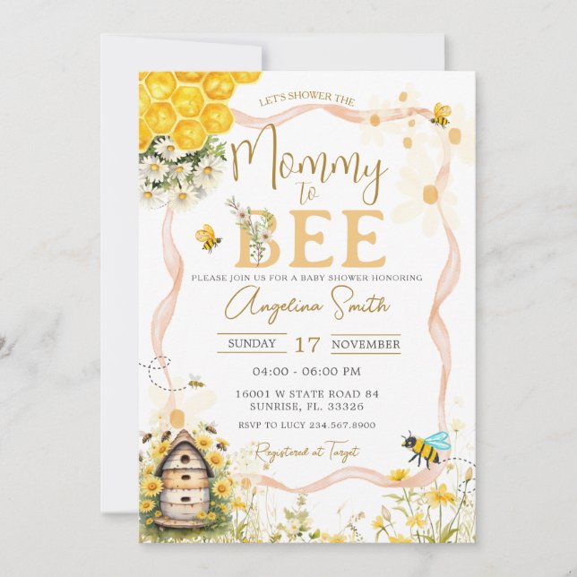 Invitación Daisy Bee Garden Baby Shower Mami To Aee (Anverso)