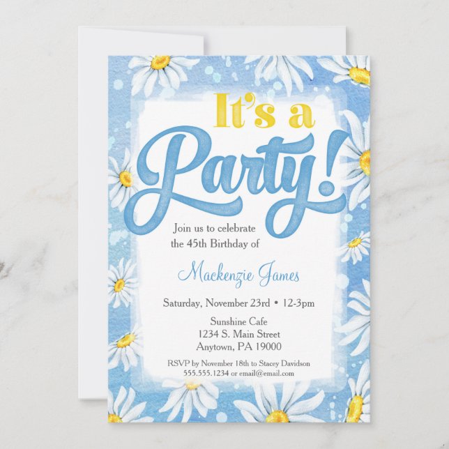 Invitación Daisy Birthday Invitation Floral amarillo azul (Anverso)