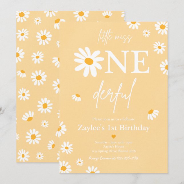 Invitación Daisy Birthday Party Bohmian Pequeña Miss Maravill (Anverso / Reverso)