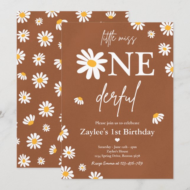 Invitación Daisy Birthday Party Bohmian Pequeña Miss Maravill (Anverso / Reverso)