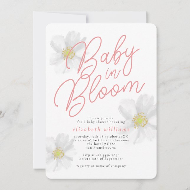 Invitación Daisy Blanca | Ducha de Bebé en Flor (Anverso)