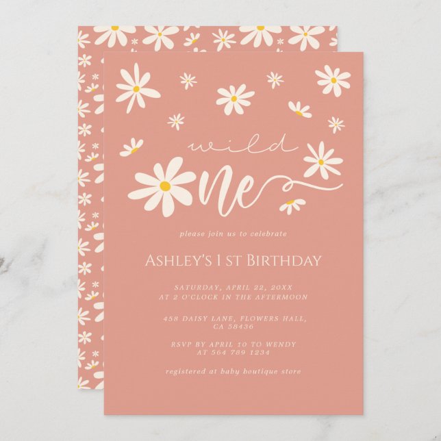 Invitación Daisy Boho Wild One 1er cumpleaños (Anverso / Reverso)