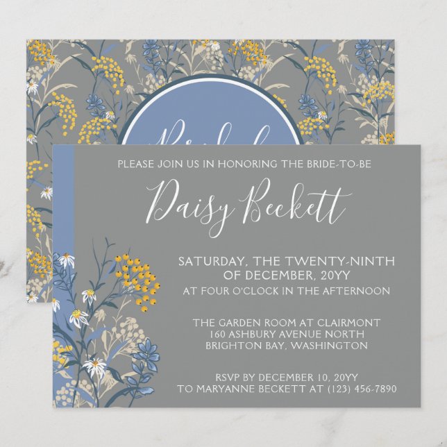 Invitación Daisy botánico ducha de novia amarilla y azul mari (Anverso / Reverso)