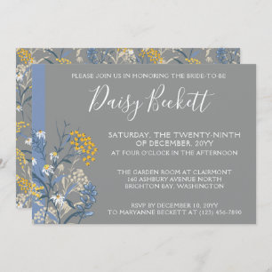 Invitación Daisy botánico ducha de novia amarilla y azul mari