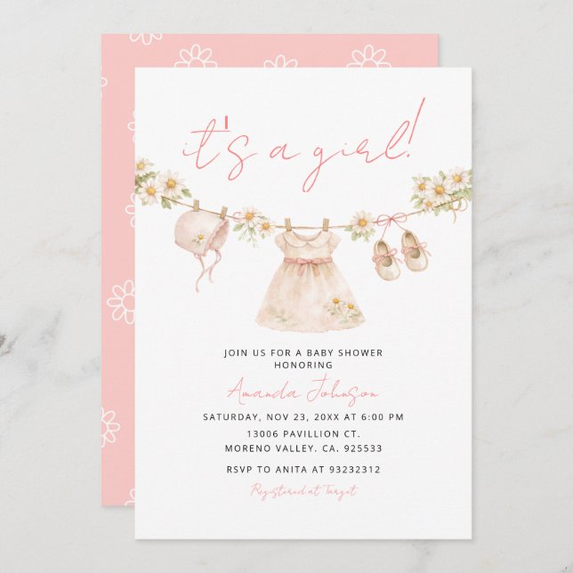 Invitación Daisy Clothesline Baby Girl Shower Invite (Anverso / Reverso)