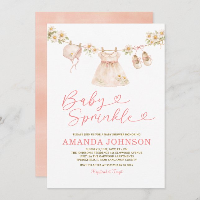 Invitación Daisy Clothesline Baby Sprinkle Girl Pink Peach (Anverso / Reverso)