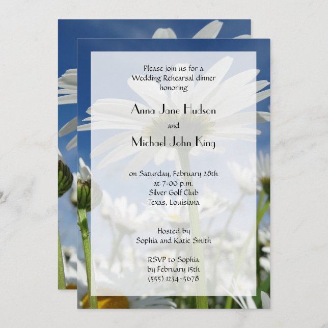 Invitación Daisy, Daisies, Flores Blancas, Cena de ensayo (Anverso / Reverso)