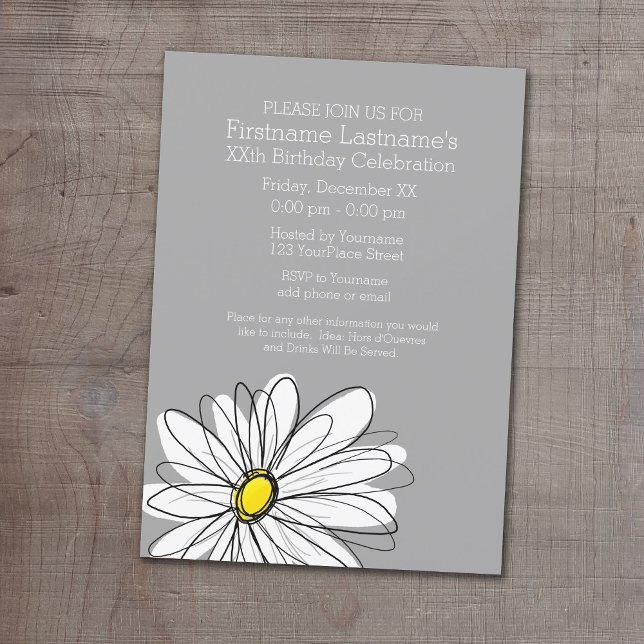 Invitación Daisy de moda con fiesta de cumpleaños amarillo gr (Birthday Party Invitation with a Whimsical Daisy)