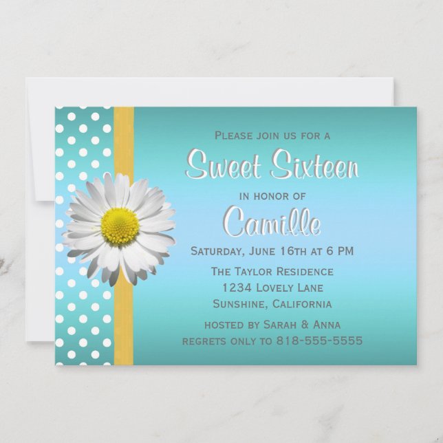 Invitación Daisy dulce azul y amarillo dieciséis (Anverso)