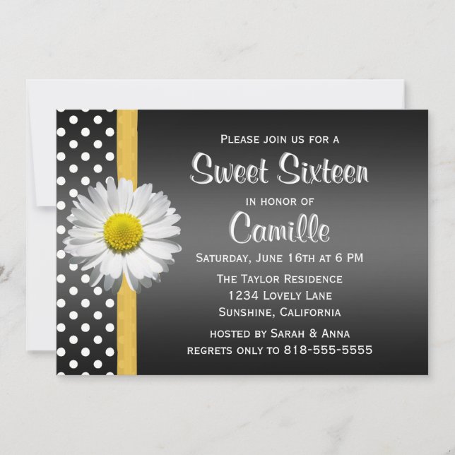 Invitación Daisy dulce negro y amarillo dieciséis (Anverso)
