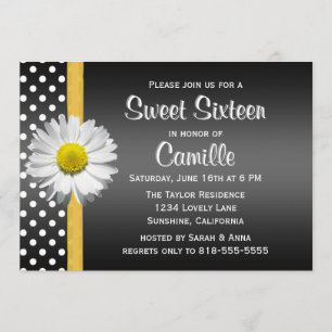 Invitación Daisy dulce negro y amarillo dieciséis
