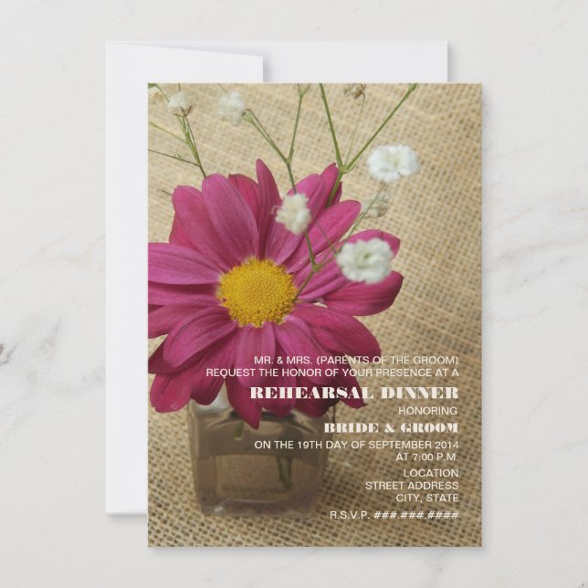 Invitación Daisy En La Cena Del Ensayo Burlap De La Botella A (Anverso)