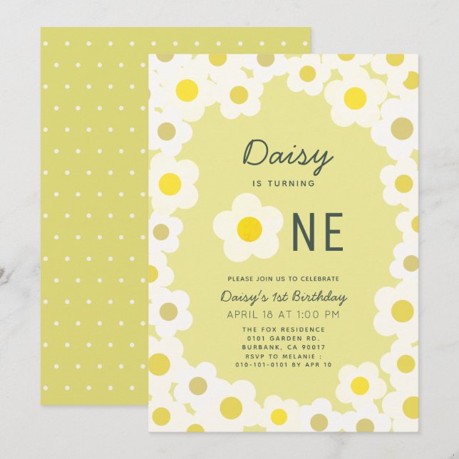 Invitación Daisy Floral Amarillo primer cumpleaños (Anverso / Reverso)