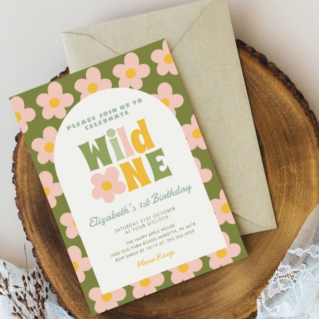 Invitación Daisy Floral Wild Un Chica boho rosa Primer cumple (Subido por el creador)